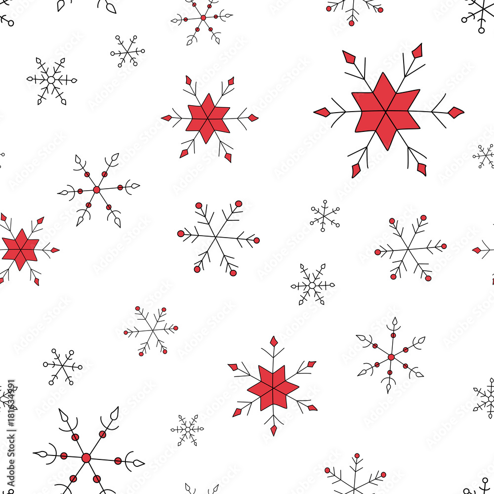 Simple vector Christmas and New Year seamless pattern with snowflakes. - obrazy, fototapety, plakaty 