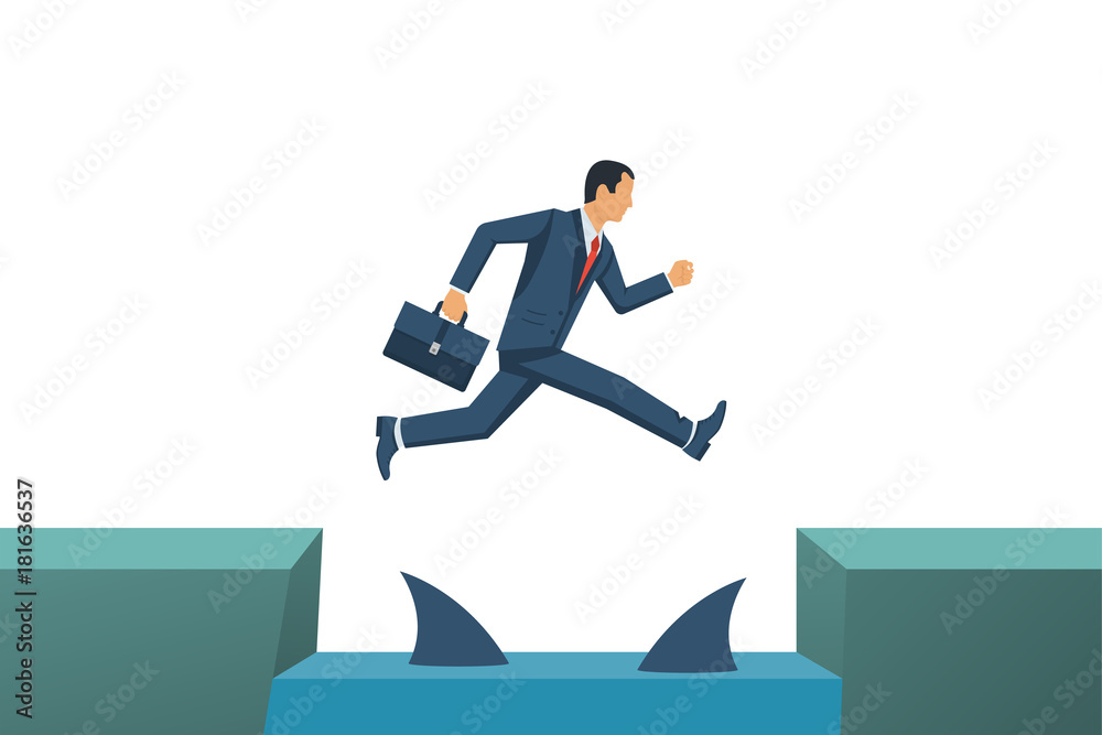 Business risk. Businessman jump through gap in rocks with floating predatory sharks. Way to success. Obstacle on road. Vector flat design. Isolated on white background. Success in business concept.