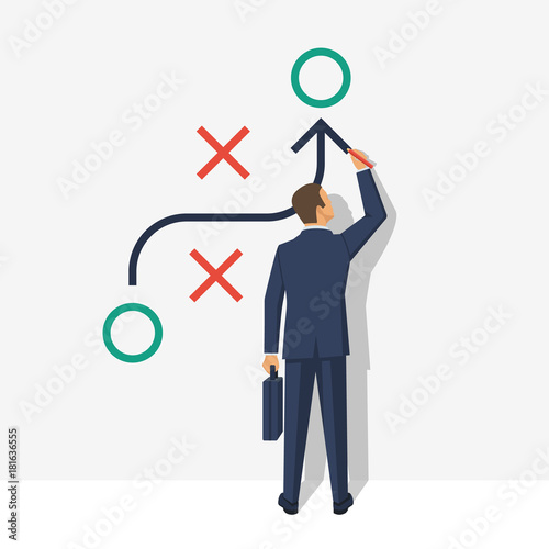 Business presentation planning strategy. Business tactic. Businessman showing scheme. Pointing and explains chart. Vector illustration of flat design style. Plan to achieve goal.