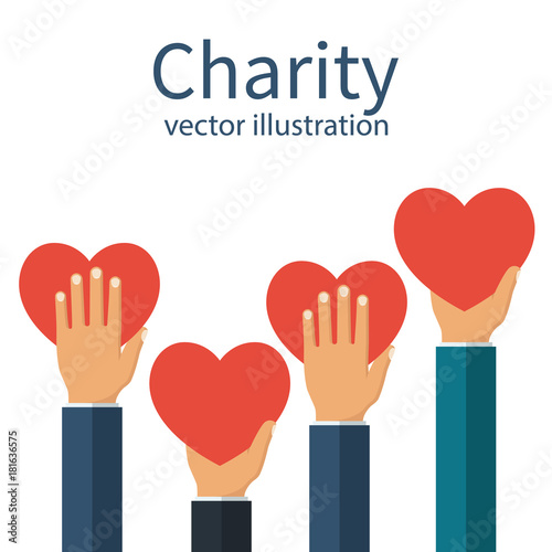 Charity concept. Donator holding heart in their hands. Vector illustration flat design. Isolated on white background. Volunteer Poster. Human helping. Healthcare.