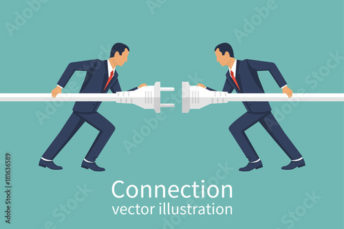 Business connection concept. Vector illustration flat design. Partnership. Businessmen connecting hold plug and outlet in hand, isolated on background. Cooperation interaction.
