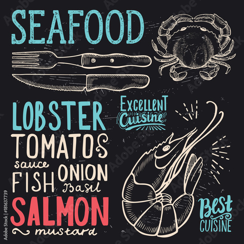 Seafood poster for restaurant, food template.