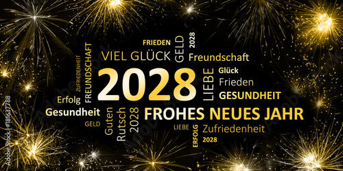 Photography schwarz goldene Silvesterkarte mit Feuerwerk  Frohes neues Jahr 2028