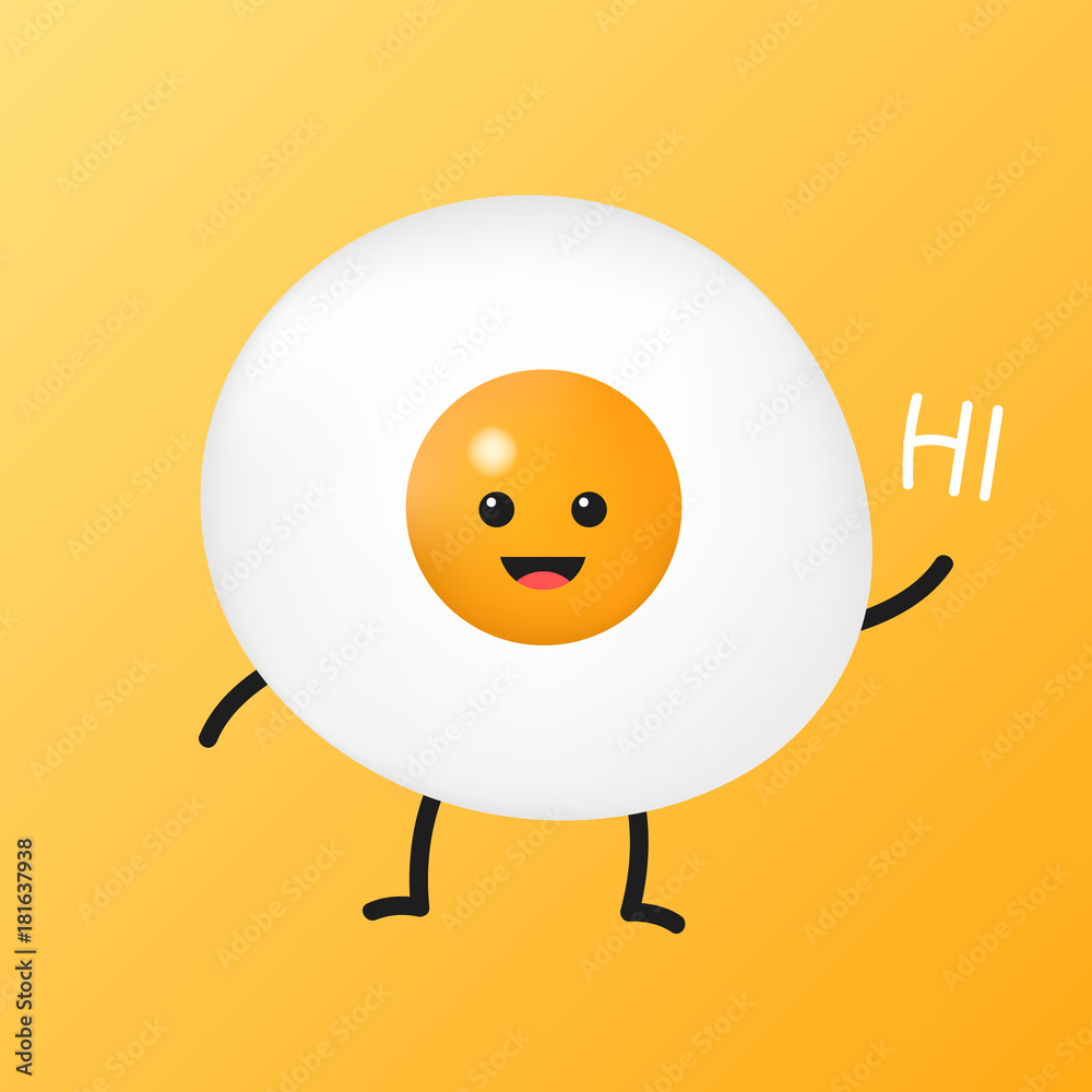 Fried egg cartoon with happy smiley face is standing and put its hand up to  greeting someone. breakfast food concept. Character design vector  illustration. Stock Vector | Adobe Stock