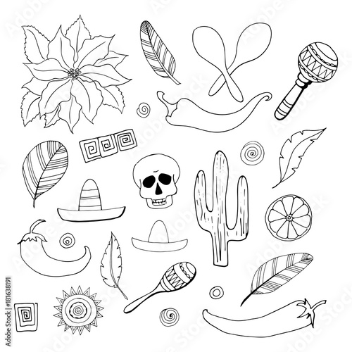 Set of 26 hand drawn Mexican elements in doodle style ...