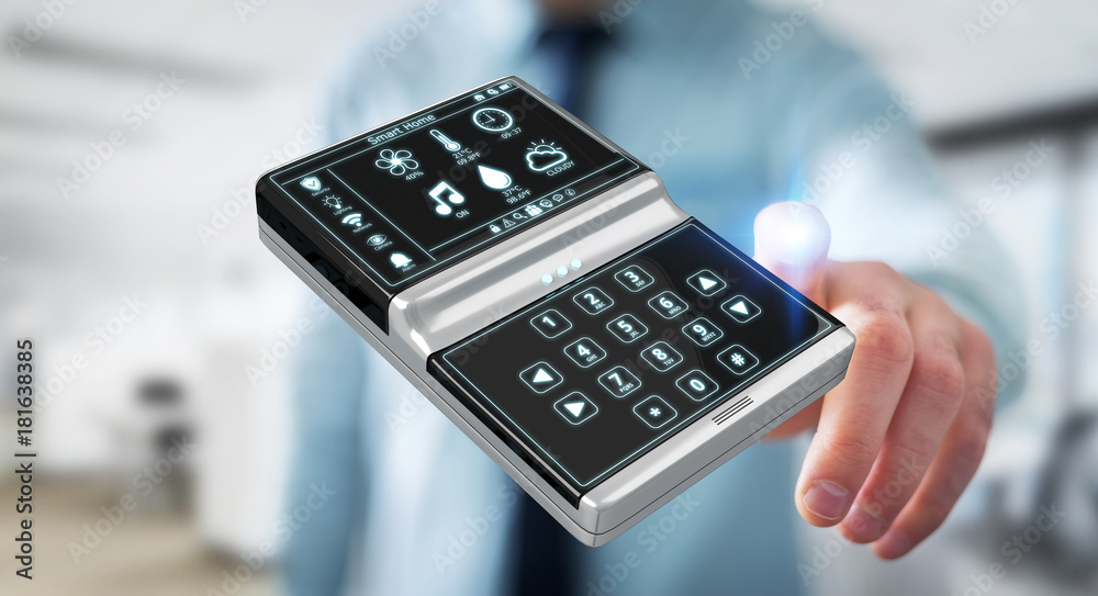 Businessman using smart home remote device 3D rendering Businessman using smart home remote device 3D rendering