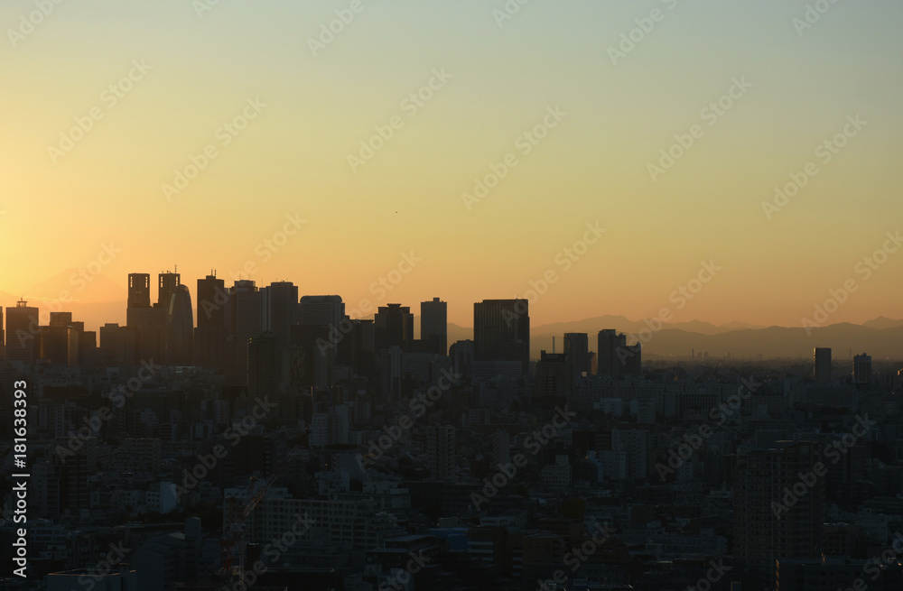 Fototapeta premium Pejzaż Tokio w Japonii „Sylwetki drapaczy chmur w Shinjuku wyłaniające się o zachodzie słońca. Po lewej stronie ekranu widać górę Fudżi”.