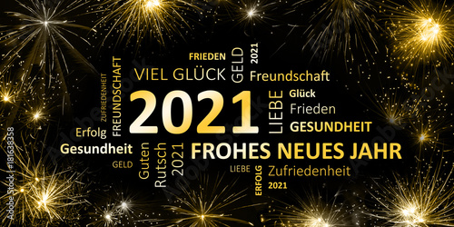 schwarz goldene Silvesterkarte mit Feuerwerk  Frohes neues Jahr 2021