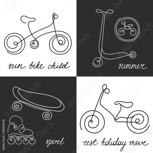 Doodle sketch sporting goods for kids. Linear symbols set. Vector