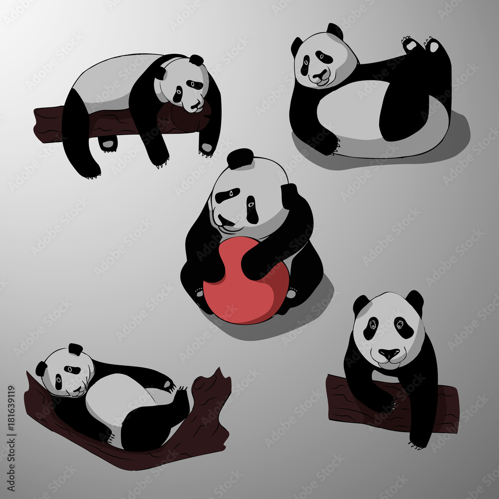 Fototapeta premium Cute cartoon panda set icons. Black white hand drawn doodle animal