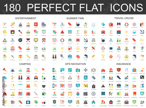 180 modern flat icons set of entertainment, summer time, travel cruise, camping, gps navigation and insurance icons.