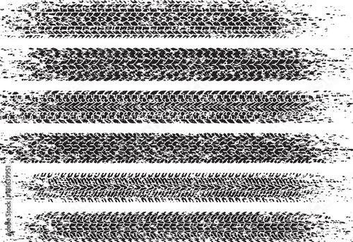 Set of six shabby, grunge style, dirty vector traces of tires.
