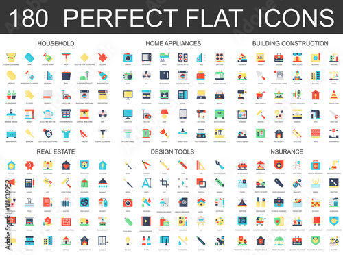180 modern flat icons set of household, home appliances, building construction, real estate, design tools, insurance icons.