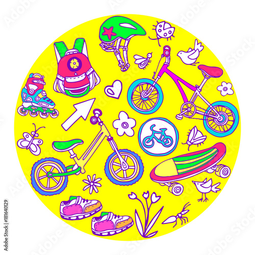 Set of sporting goods for kids. Vector template
