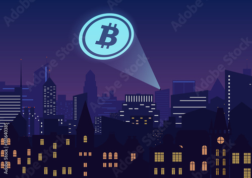 Vector illustration of bitcoin cryptocurrency projector in city at night.