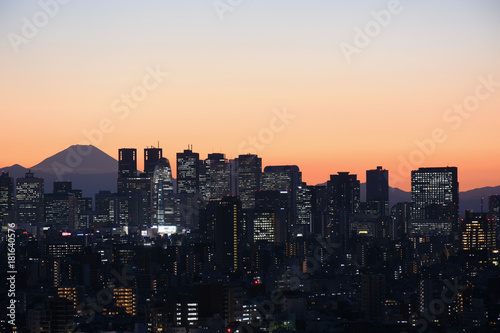 日本の東京都市風景・美しい夜景「富士山と新宿の高層ビル群」