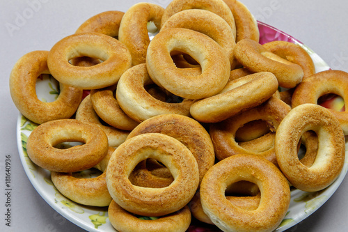 Russian bread rings, called baranki, on a small plate. photo