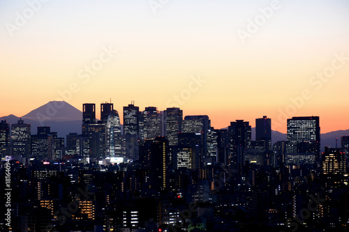 夕景・新宿区にある高層ビル群と美しい富士山のシルエット