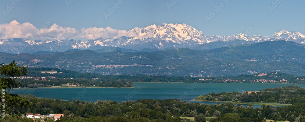 view of Lake Varese with the Alps in the background