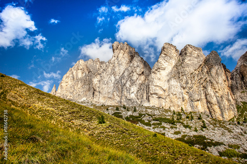 Curious vertical dolomitic pinnacles and crest of Mount Settsass, Valparola Pass, Dolomites, Italy