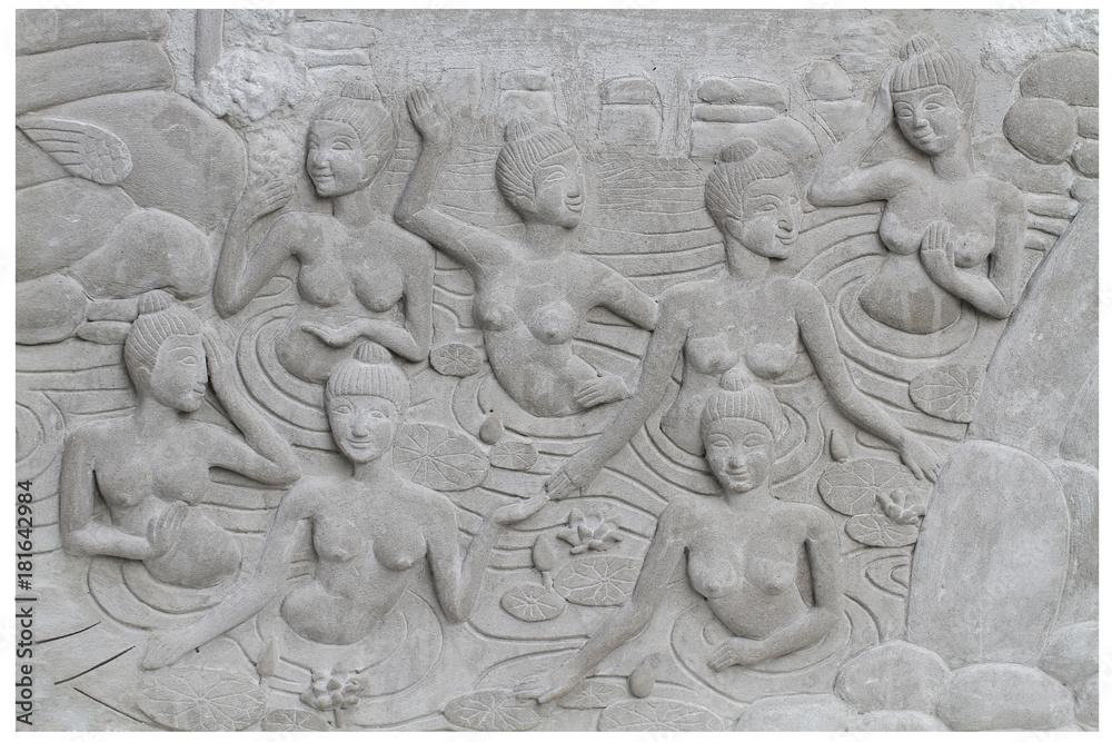 Fototapeta Stone carving sclupture group of naked women showering taking a bath in warm external water bathroom isolated on white backgrounds, home decoration, thai culture crafting sourvenir, wallpaper