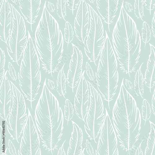 Background with blue feathers / Vector seamless pattern in the style of Boho