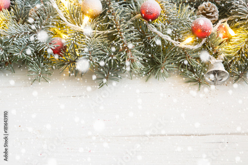 Christmas background on the white wooden desk photo