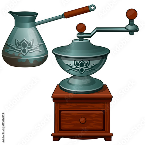 Ancient coffee grinder and cezve. The equipment necessary for preparation of coffee. Vintage turk. Vector Illustration in cartoon style isolated on white background