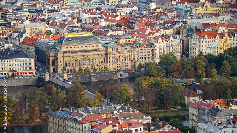 Aerial view of the Old Town architecture with red roofs in Prague , Czech Republic.