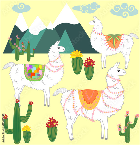 Three Llama, alpaca of white color, with bright saddles on the background of mountains, cacti, clouds