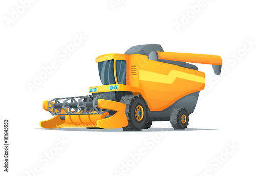 Agriculture combine harvester isolated vector illustration. Rural industrial farm equipment machinery, farm transport, agricultural vehicle in cartoon style photo