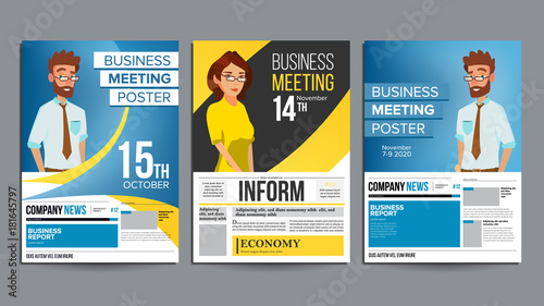 Business Meeting Poster Set Vector. Businessman And Business Woman. Layout. Presentation Concept. Corporate Banner Template. A4 Size. Flat Cartoon Illustration