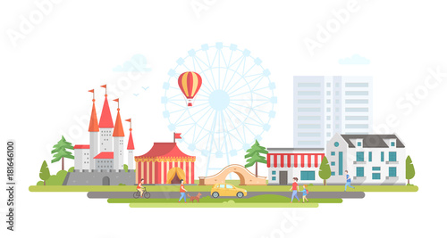 City with amusement park - modern flat design style vector illustration