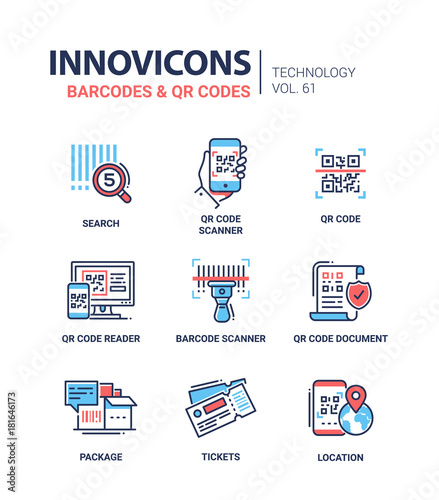 Barcodes and QR codes - line design icons set