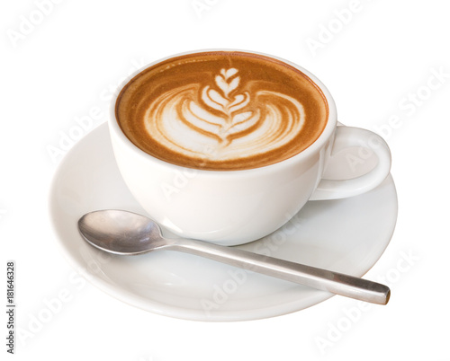 Hot coffee cappuccino latte art isolated on white background, clipping path included photo