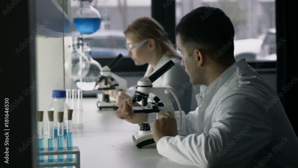 Two serious scientists making experiments in lab Two serious scientists making experiments in lab