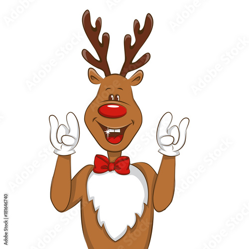 Illustration with cartoon Christmas deer.  It's greet you and congratulate you on Christmas. Vector for you design. Isolated. 