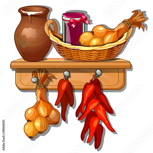 Homemade billet, in basket and on hanger. Provision from onions, jug of milk, pepper and jam jars. Vector Illustration in cartoon style isolated on white background