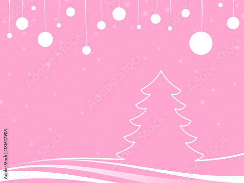 snowfall christmas in a pink landscape with abstract tree and white christmas balls in a pink background