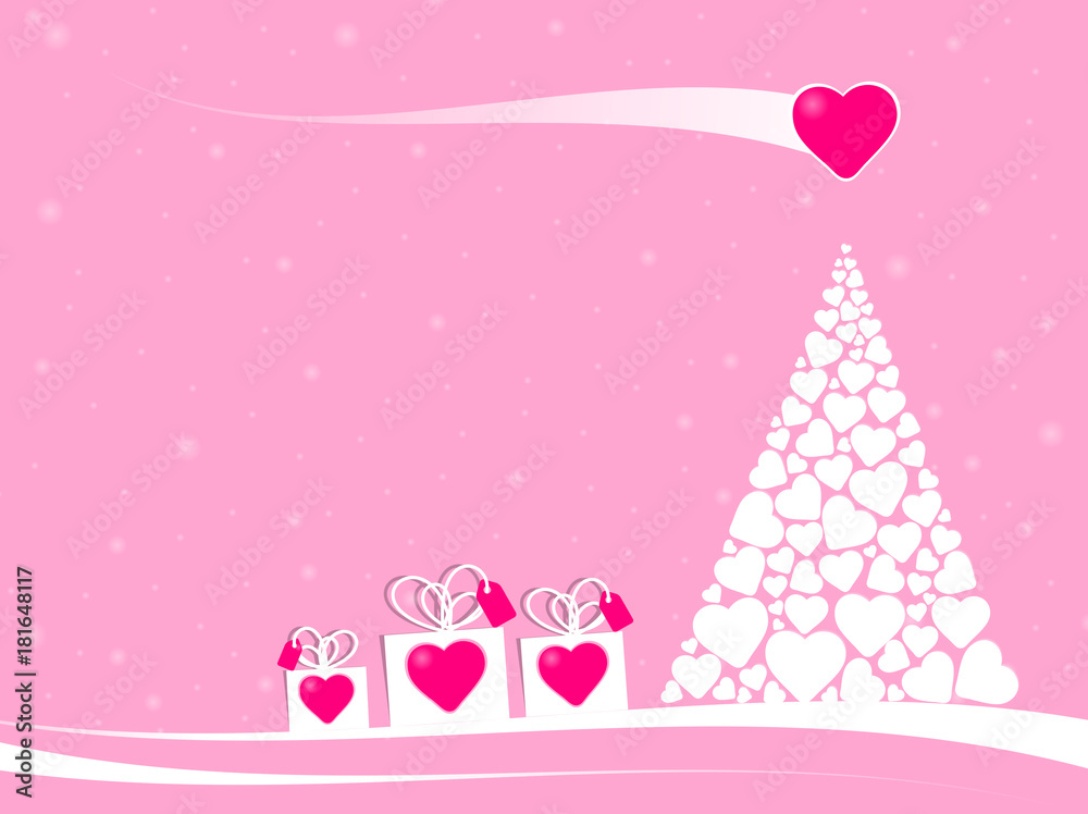 gift boxes with pink heart in a fairytale christmas scene with a christmas tree made with many white hearts and a big love comet