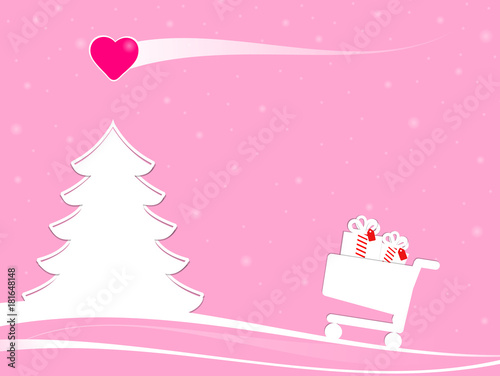 christmas shopping scene with a white xmas tree, love comet and a shopping cart with gift boxes in a snowy winter landscape
