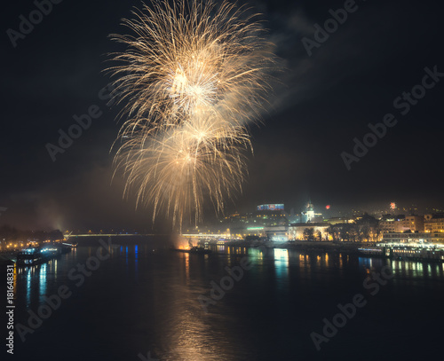 New Year Celebration. Fireworks on Danube River in Bratisalva, Slovakia © kaycco