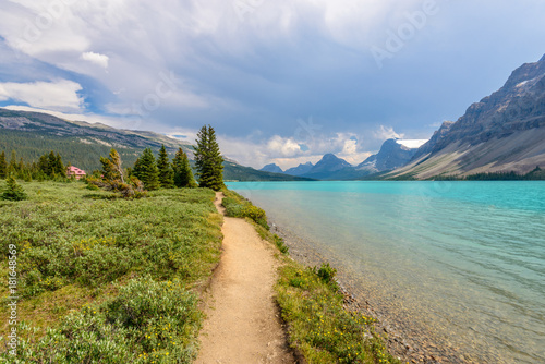 Fragment of mountain Bow lake trail in Alberta, Canada, Rocky Mountains.