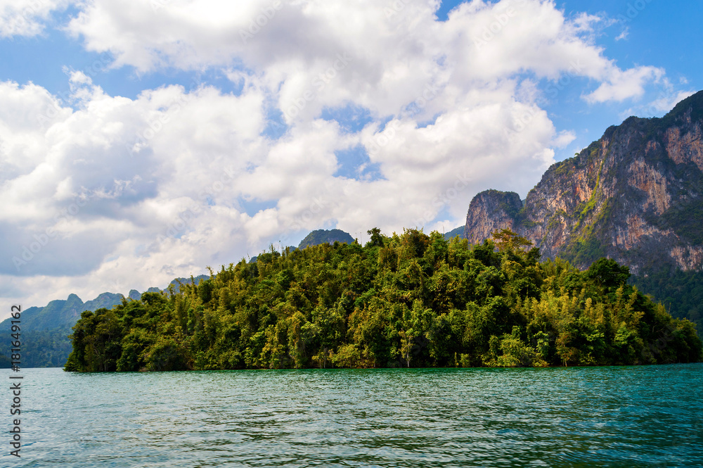 Beautiful mountains lake river sky and natural attractions in Ratchaprapha Dam at Khao Sok National Park, Surat Thani Province, Thailand