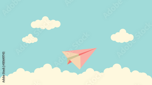 Vector graphic of paper plane fly above clouds. Concept of freedom.
