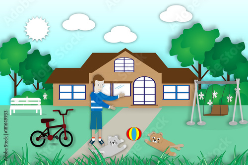 Children playing with dogs in the yard happy home - Vector Illustration