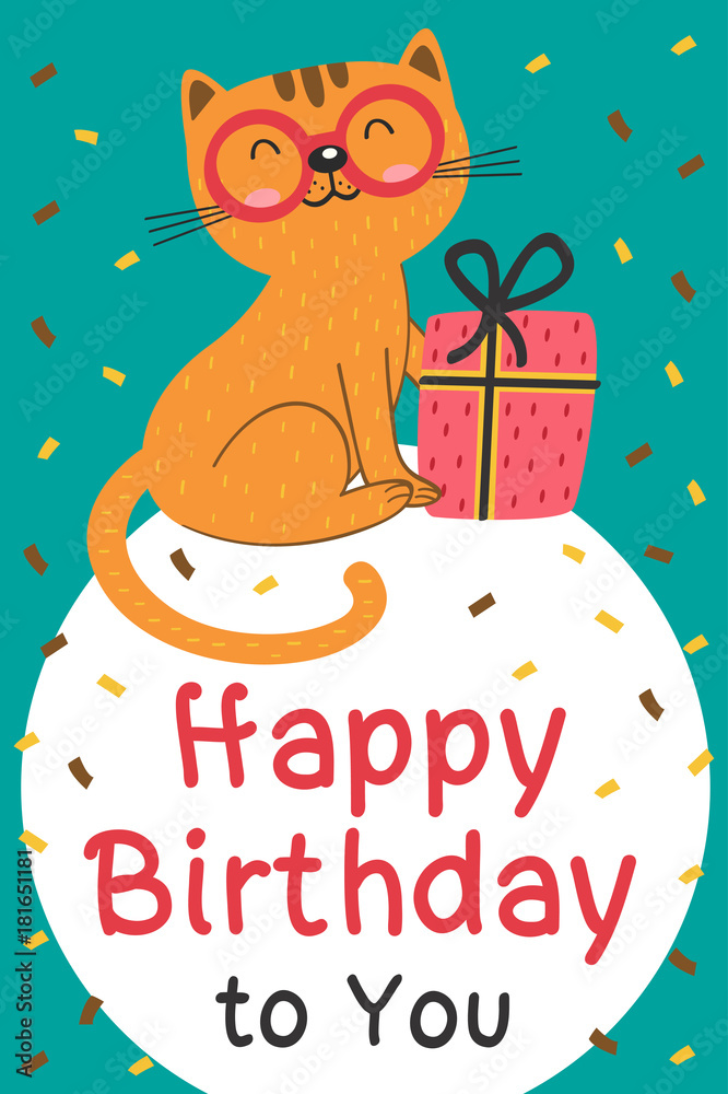 Happy Birthday card with cat and gift - vector illustration, eps Stock ...