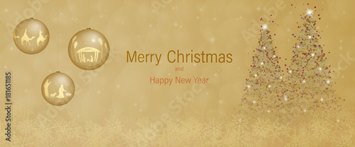 Christmas time. Christmas bowls with Nativity scene and three kings in Christmas landscape.