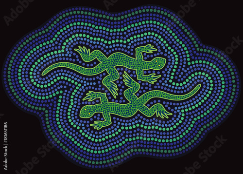 African or Australian illustration with lizards, ethnic illustration