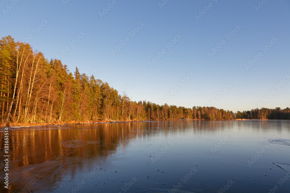 Forest frozen lake and sunset light nature Finland